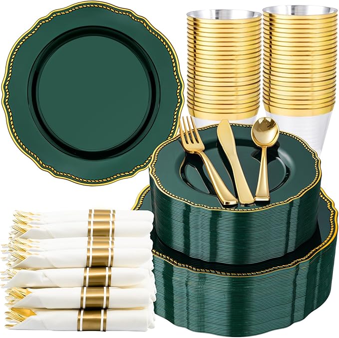 Hioasis 350pcs Green Gold Plastic Plates - Gold Plastic Dinnerware Set Includes 50 Dinner Plates, 50 Dessert Plates, 50 Gold Utensils, 50 Napkins Perfect for Wedding & St. Patrick's Day