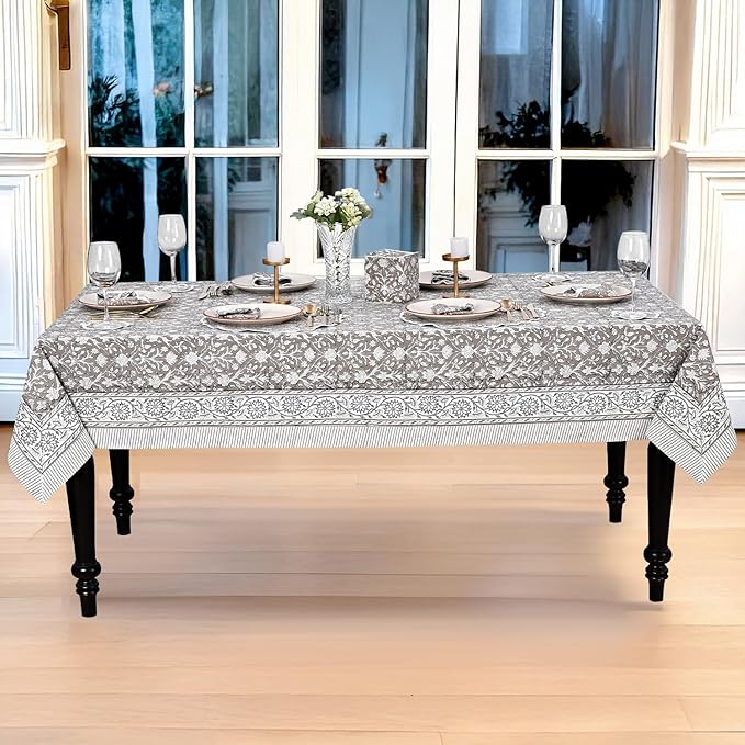 Ridhi Hand Block Print Taupe Rectangle Cotton Tablecloth 190" x 72" Reusable Table Cover Decorative Everyday Use for Dining, Farmhouse, Home Gift for Spring, Easter, Valentine