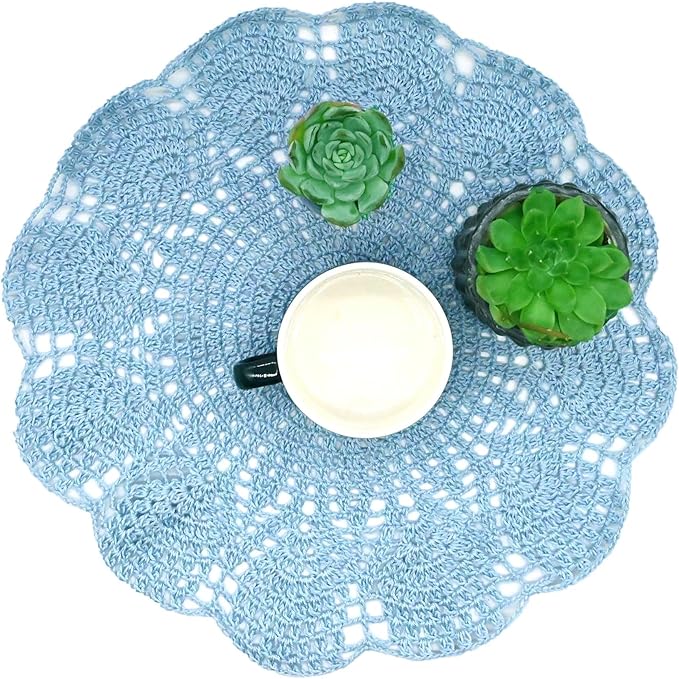 BIBITIME Round Flower Lace Doilies Vase Mats Kitchen Tablecloth Dish Plate Mat Handmade Crochet Table Doily Placemats (Light Blue, 11.8 in to 13.8 in,2PCS)
