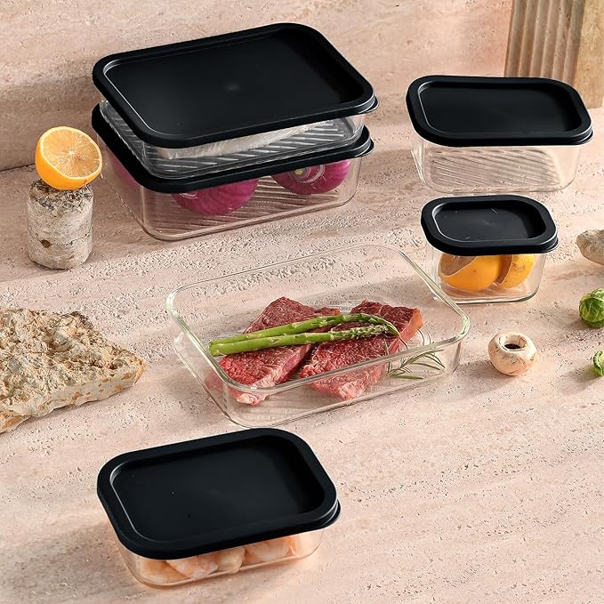 EATEX 12 Pack Glass Meal Prep Containers with Grooved Base, 12 Stackable BPA Free Glass Storage Containers with Lids for Lunch, Pantry, and Kitchen - Microwave, Dishwasher Freezer & Oven Safe - Black