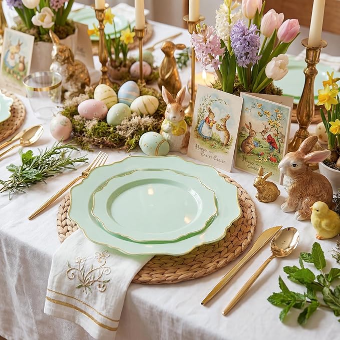 WDF 175Pcs Sage Green Plastic Plates With Gold Rim - Disposable Sage Green Plates 25guest Disposable Dinnerware Ideal for Party/Wedding/Spring Party/Easter