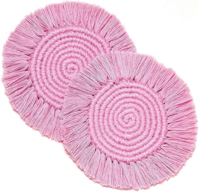 2 PCS Macrame Coasters Handmade Boho Coasters,Woven Absorbent Drink Coaster,Heat Resistant Cotton Coaster for Coffee Table,Desk Kitchen Dining Room Kitchen, Home Decoration (Dark Pink)
