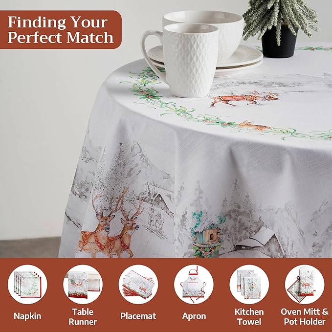 Maison d' Hermine Table Cloth Round Table 100% Cotton 63 Inches Fall Tablecloth Reusable Everyday Use for Thanksgiving Christmas Decorations Dining Farmhouse Party (Christmas Tradition)