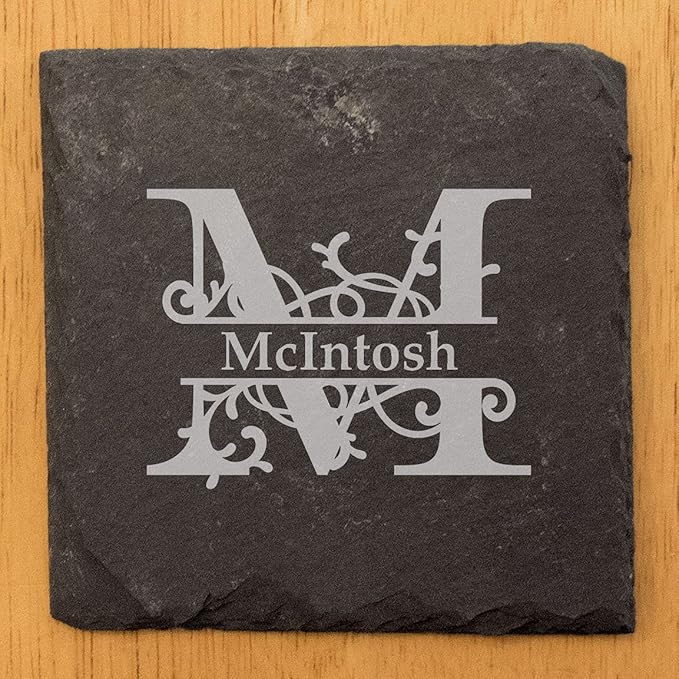 Nature's Touch: Personalized Slate Coasters with Vine Monogram - Square Slate - Set of 4