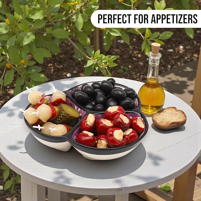 Ceramic Chip & Dip Bowl 7.5”, 3-Compartment Divided Serving Dish & Condiment Tray for Appetizers – Handmade in Spain, Lead-Free Glaze, Microwave, Oven & Dishwasher Safe