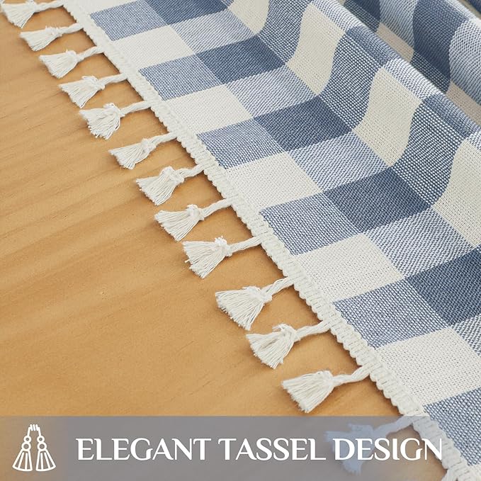 Softalker Checkered Tablecloth Rectangle, Outdoor Linen Cotton Gingham Table Cloth with Tassel, Heavy Duty Wrinkle Free Buffalo Plaid Table Cover for Kitchen Dining Home Party - 55 x 102 Inch, Blue