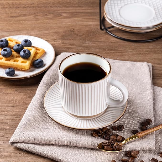 GBhome 6OZ Stackable Coffee Mugs with Stand and Saucer, Ceramic Coffee Mugs Set of 4 with Texture Patterns for Man,Woman,Dad,Mom, Modern Coffee Cups for Latte/Espresso. Dishwasher&Microwave Safe