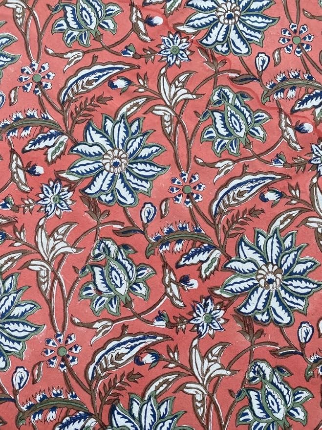 Ridhi Block Print Round Peach and Berry Blue Reusable Tablecloth 100% Cotton 110" Inch Decorative Table Cover eveyday Dining, Home, Party, Wedding, Farmhouse Gift for Spring, Easter, Valentine