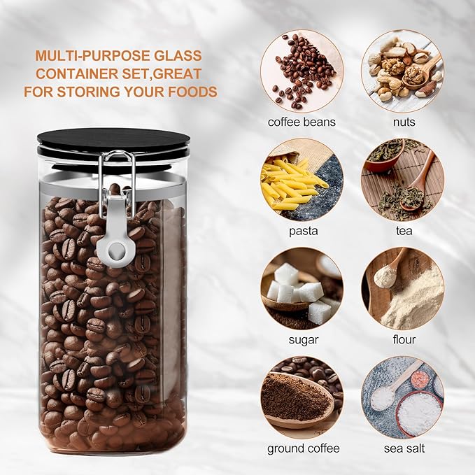 OARSE 3 PCS Glass Coffee Container with Wooden Shelf,3 x 54 oz Glass Coffee Bean Storage Container with Airtight Locking Clamp Lid Spoons Coffee Canister Set,Jars for Coffee Beans,Nuts,Tea,Sugar