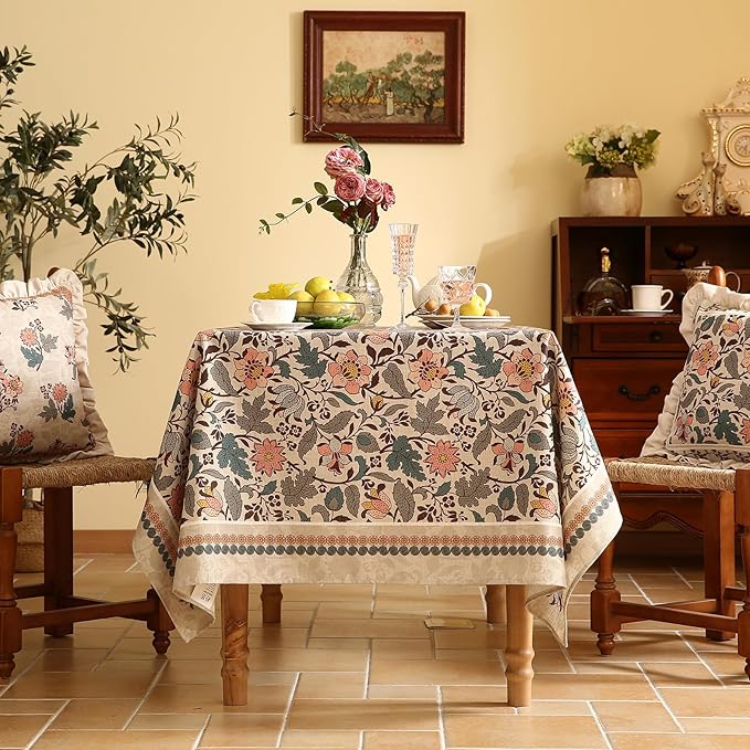 ISAENNE Designer Boho Floral Long Rectangle Tablecloth,Linen Lotus Flower Pattern Colorful Indoor Table Cloth,Durable Decor Tablecloths for Dining Thanksgiving Kitchen Christmas,63"*102"-Hazel A