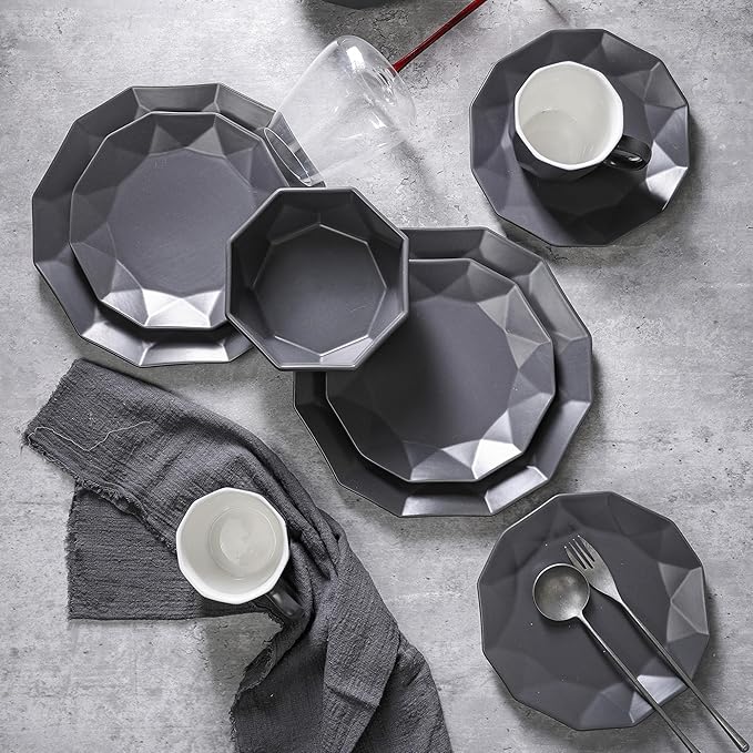 Stone + Lain Jamie Porcelain 16-Piece Geometric Dinnerware Set, Grey