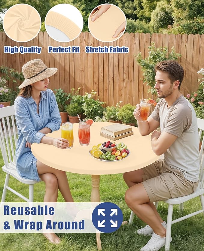 Round Spandex Tablecloth, Elastic Fitted Waterproof Tablecloths for 57"-68" Tables, Stretch Washable Picnic Table Cover for Camping, Dining, Indoor and Outdoor,Ivory