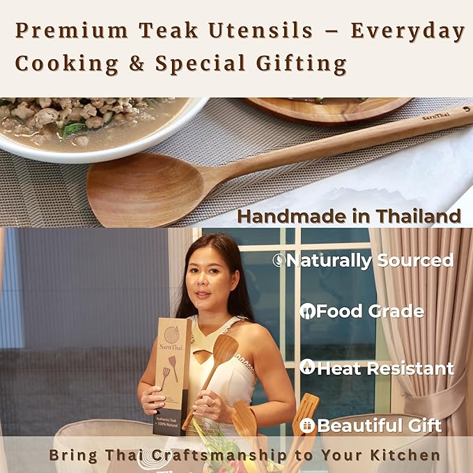 Teak Wood Wok Spatula Long Handle – Handmade Wooden Spatula for Cooking, Stir Frying & Flipping, Eco-Friendly Teak Wooden Utensil, Safe for Nonstick Pans
