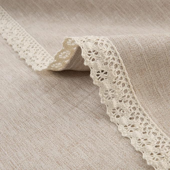 Textured Tablecloth Linen-Look Rustic Burlap Stlye Washable Solid Heavy Weight Lace Trim Fabric Table Cloth,Table Cover for Kitchen Dinning Tabletop Decoration 108 in Round Beige