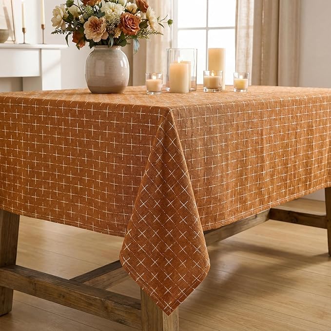Horaldaily Caramel Rectangular Table Cloth, Cross-Star Solid Textured Embroidery Tablecloth, Wrinkle Free Washable 60×84 Inch Table Cover for Kitchen, Party, Wedding, Picnic, Outdoor