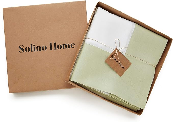 Solino Home Linen Tablecloth 60 x 156 Inch - 100% Pure Linen Sage Green and White Tablecloth for Rectangle Tables - Contempo, Machine Washable Table Cloth for Spring, St Patricks Day, Easter