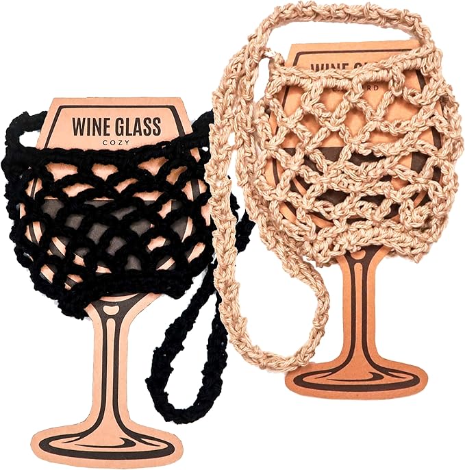 2 Pack Crochet Wine Glass Lanyard Holder for Wine Festival Lovers Gifts (Black-Wheat)