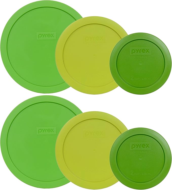 Pyrex (2) 7402-PC 6/7-Cup Green, (2) 7201-PC 4-Cup Edamame Green, and (2) 7200-PC 2-Cup Lawn Green Replacement Lids - Made in USA