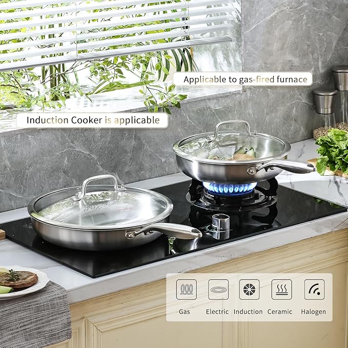 DELARLO Tri-ply Stainless Steel Frying Pan Set with Lid 8" 10" 12" Induction large Skillets Chef's Pan,Pots and Pans Set Kitchen Cookware Set Suitable for All Stove