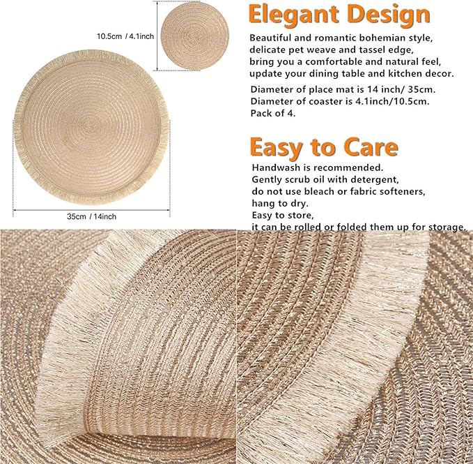 Tassels Round Placemats Set of 4 Braided Boho Mandala 35CM Circle Table Placemats with Coasters for Wedding Holiday Party Decor(Gold,4 Set)
