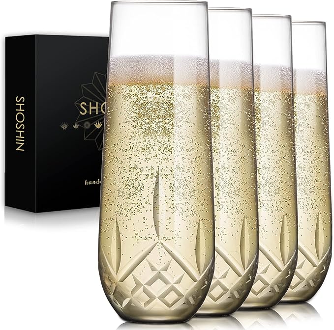 SHOSHIN Stemless Champagne Flutes Crystal, Hand Cut Champagne Glasses Set of 4, 9.5 Oz Champagne Toasting Glasses, Handmade Gift for Birthday, Wedding, Anniversary