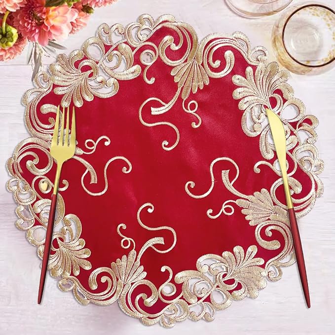 Decozen Set of 12 Doilies for Table, Lace Doilies Rustic Farmhouse Kitchen Dining Table Centerpiece Decor, 15 Inch Gold Burgundy Round Placemats for Home, Valentines Day Gifts, Valentines placemats
