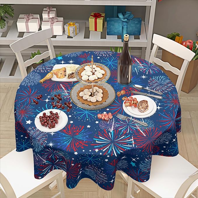 4th of July Round Tablecloth 70 Inch Patriotic Red and Blue Fireworks Polyester Table Cloth Independence Day Memorial Day Table Cover Decoration for Kitchen Dinner Party