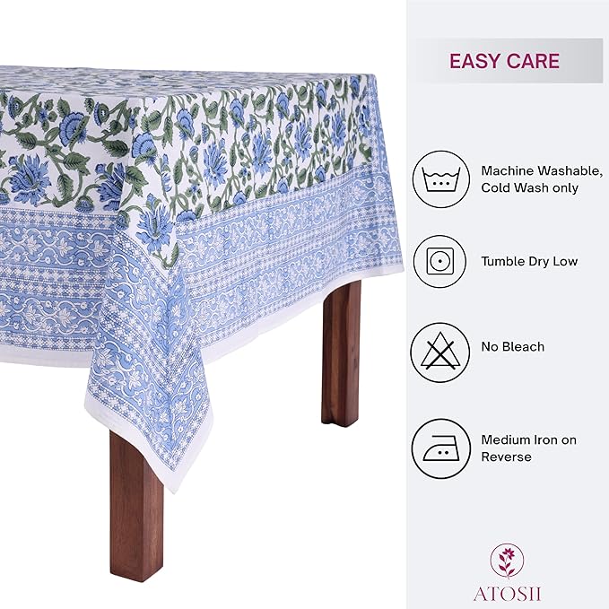 ATOSII Taj 100% Cotton Fall Autumn Tablecloth, Hand Block Print Floral Rectangle Table Cloth Linen for Dining Buffet Parties Weddings Outdoors Christmas Thanksgiving Decor 60 X 90 Inches, 6 Seater