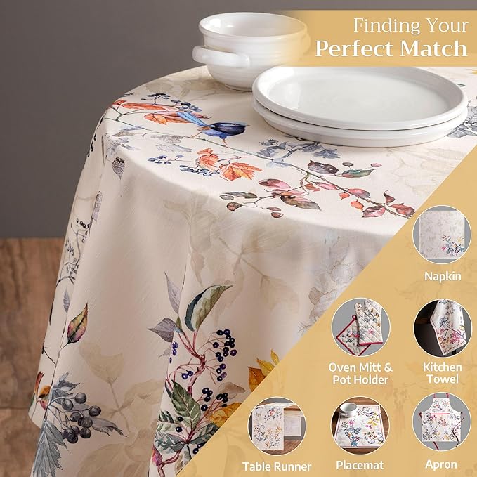 Maison d' Hermine Table Cloth Round Table 100% Cotton 69 Inches Fall Tablecloth Reusable Everyday Use for Thanksgiving Christmas Decorations Dining Farmhouse Party (Equinoxe - Beige)