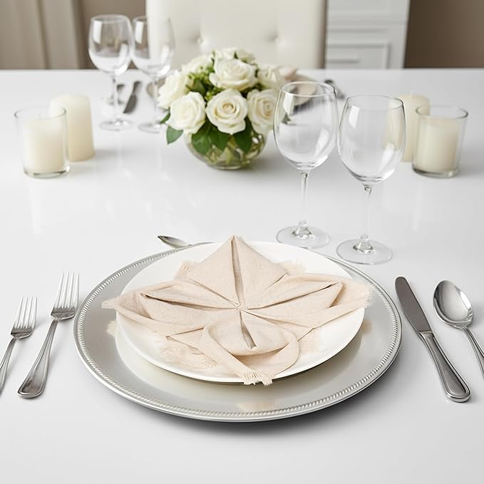 Lightnpro Flax Linen Napkins Set of 12, Beautiful Handmade Fringe Dinner Cloth Napkins, Washable and Reusable for Dining, Parties, Weddings, Holiday & Everyday Use - 18x18 Inch Natural Color