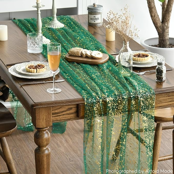 Artoid Mode Green Gold Gauze Table Runner 120 Inch 10Pcs, Glitter Metallic Foil Sheer Dining Wedding Anniversary Holiday Table Decor for Home Party