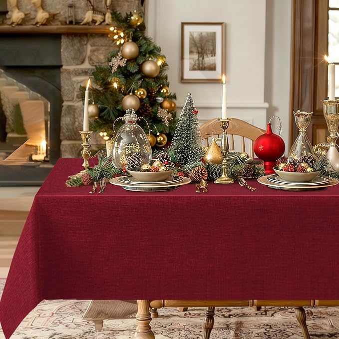 Hiasan Faux Linen Rectangle Tablecloth - Wrinkle and Stain Resistant Washable Table Cloth for Kitchen Dining Room Holiday Table Cover for Dinner, Red, 54 x 120 Inch