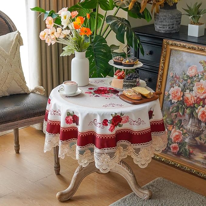 SUTAVIA Round Table Cloth with Embroidered Lace Farmhouse TableCover Classic Antique Flower Decor Macrame Tablecloth for Home Holiday Garden Coffee Small Table(Burgundy, 45 inch Round)
