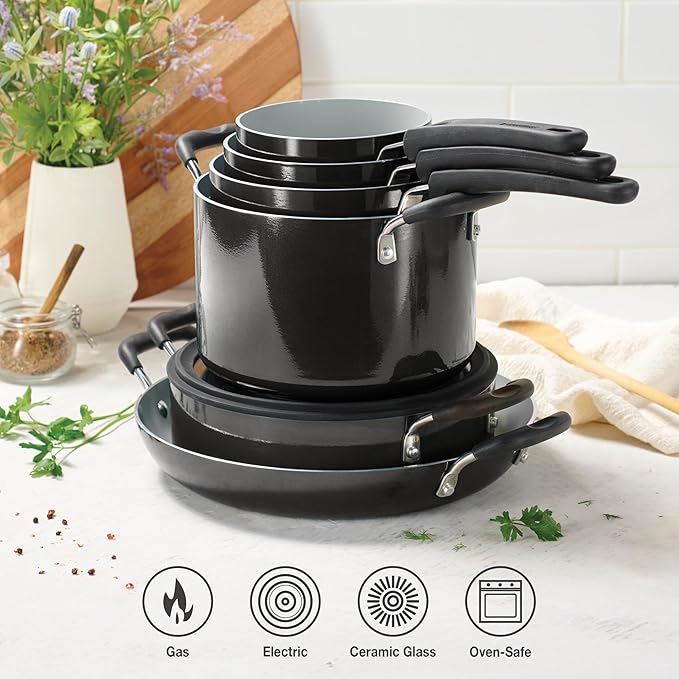 Tramontina Ceramic Non Stick 11-Piece Nesting Pots and Pans Set with Lids - Stackable Nonstick Cookware Set, Dishwasher and Oven Safe, Dark Gray