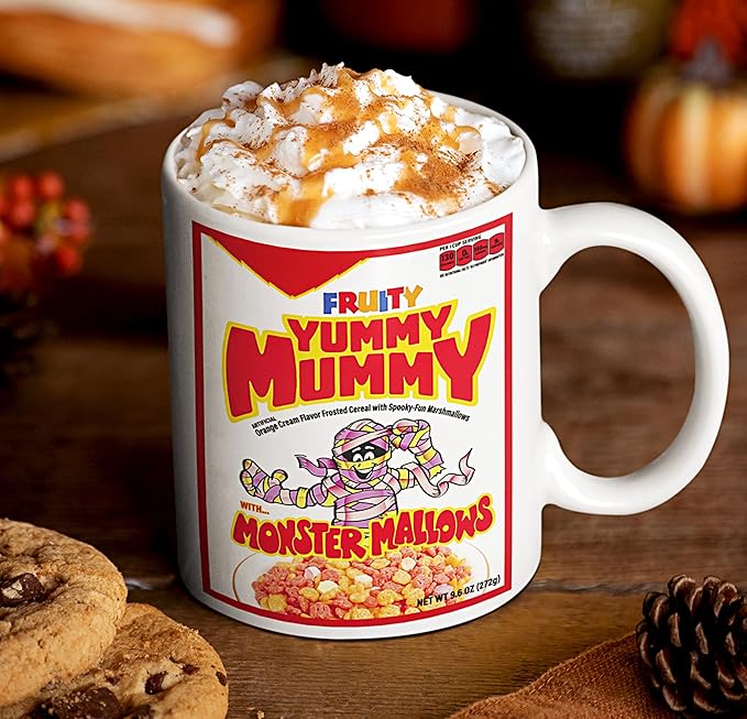 Yummy-Mummy Coffee Mug – Retro Cereal Monster Design, Ceramic, Microwave Dishwasher Safe, Perfect for Collectors Breakfast Lovers – Vintage Halloween Novelty 11 Oz White