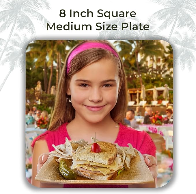 Indie Palm Disposable Palm Leaf Plates – 50 Pack 8 Inch Square – Heavy Duty, 100% Compostable & Biodegradable – Eco-Friendly Alternative to Plastic & Bamboo – Perfect for Parties & Events