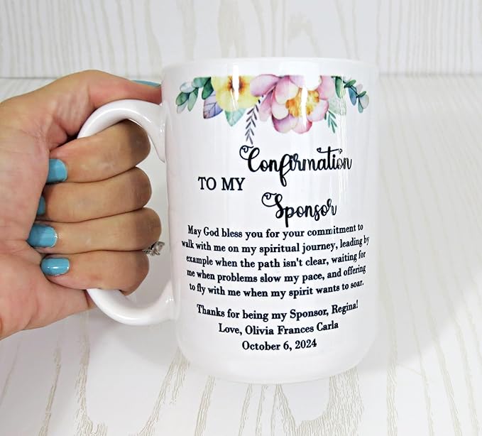 Personalized Confirmation Sponsor Mug – Custom Thank You Gift with Name – Religious Appreciation Present for Mentor or Godparent – Floral Faith Keepsake