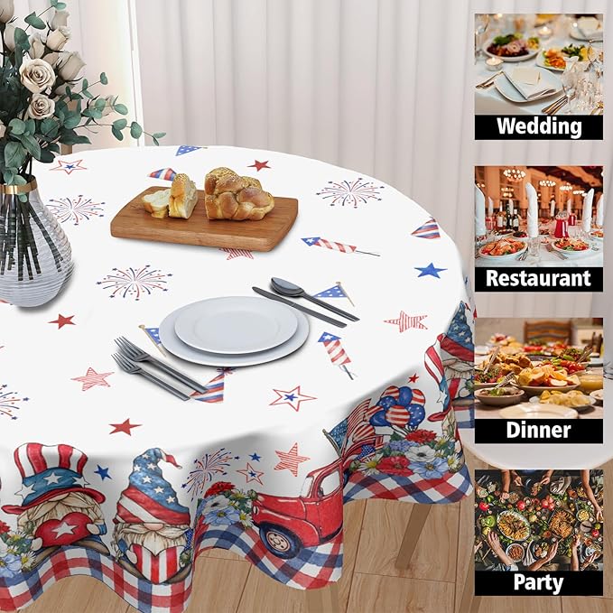 4th of July Round Tablecloth 70 Inch Patriotic Truck Gnome American Flag Polyester Table Cloth Memorial Day Independence Day Table Cover Decoration for Kitchen Dinner Party
