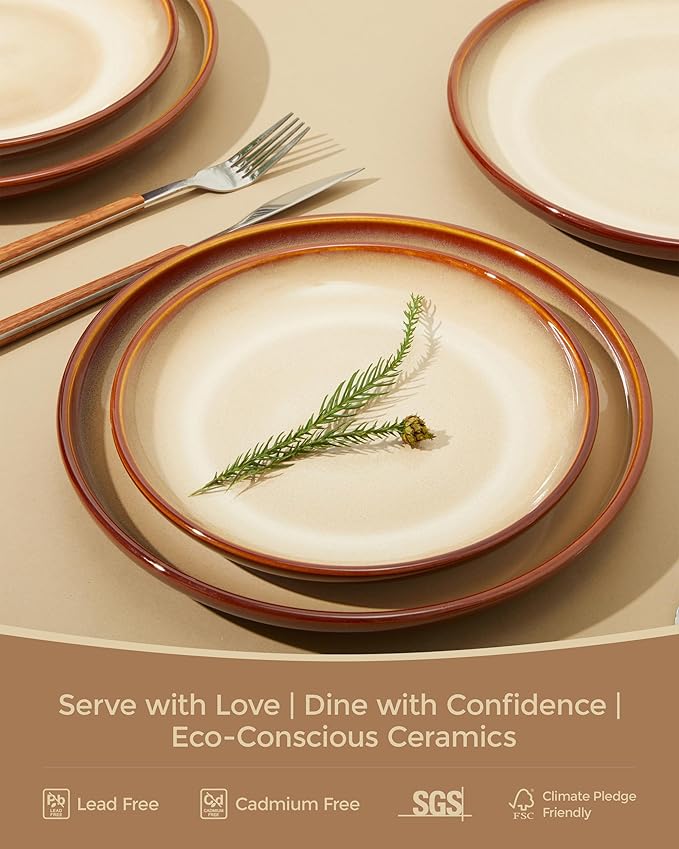 Ceramic Dishes Set for 8, 24 Piece Stoneware Dinnerware Sets, Chip and Scratch Resistant, Easy to Stack & Clean, Modern Rustic Look, Brown Yellow