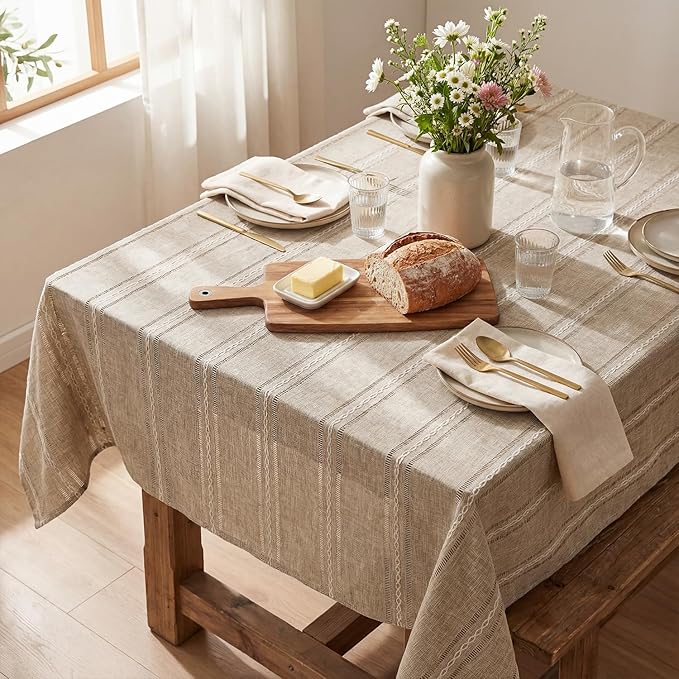 Horaldaily Light Coffee Cotton Blend Tablecloth 52×70 Inch Rectangular, Farmhouse Style, Wrinkle Resistant Washable Table Cloth, Hemstitched Embroidery Table Cover for Home