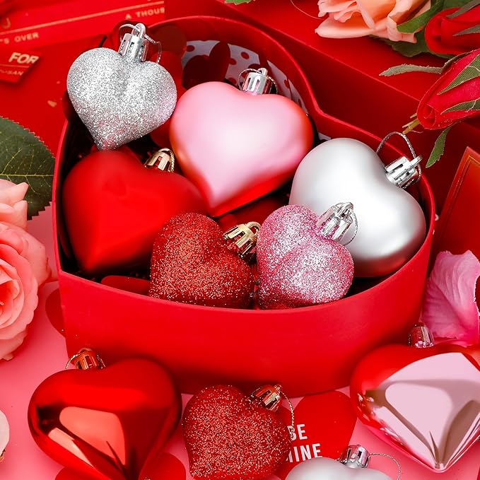 54pcs Valentines Day Heart Shaped Ornaments, Classic Red Pink Silver Hanging Baubles with 2 Sizes, Valentine's Day Decorations for Tree, Love Hanging Decor for Wedding Party