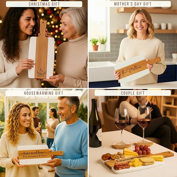 Personalized Cutting Board & 4 Coasters Set – Custom Acacia & Marble Charcuterie Boards, Weddings, Housewarmings, New Home Owners, Anniversary, Bridal Showers, Couples, Valentines Day Gifts for Her