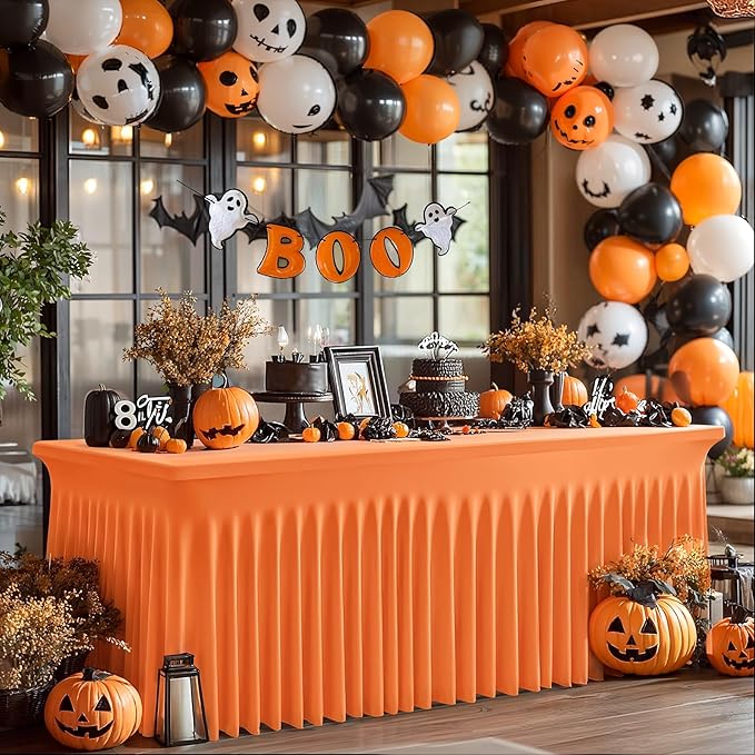 2 Packs Orange Spandex Tableclothes for 4 Foot Rectangle Table, Spandex Table Covers 4FT Stretch Table Skirts Rectangle Wrinkle Free Fitted Tablecover for Event, Wedding, Banquet & Parties