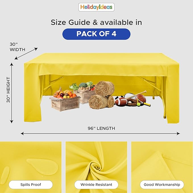 HolidayIdeas Open Back Fitted Tableclothss for 8 Foot Rectangle Table, Wrinkle Resistant Washable Table Covers 96x30 Inch for Craft Fairs, Banquets, Trade Show Display, Yellow,4 Pcs