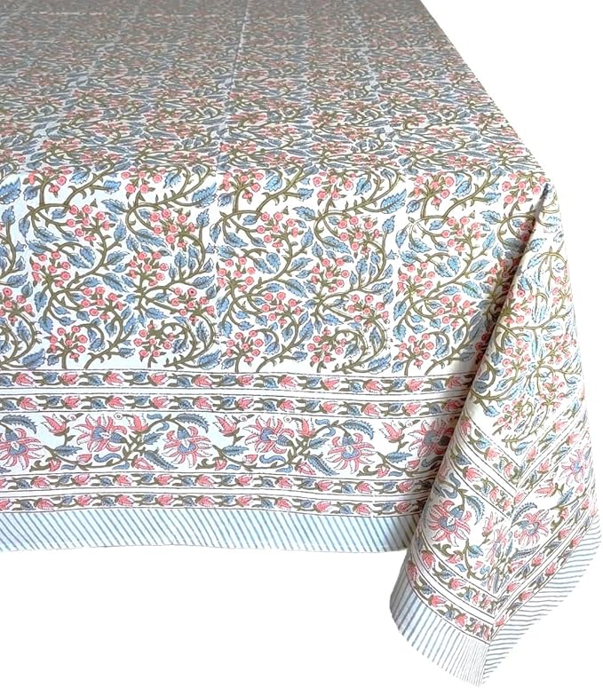 ATOSII Kalina 100% Cotton Fall Rectangle Tablecloth, Handblock Print Floral Table Cloth for Kitchen Dining Linen I Weddings Outdoors Easter Spring Summer I 72 X 120 Inches I 10 Seater