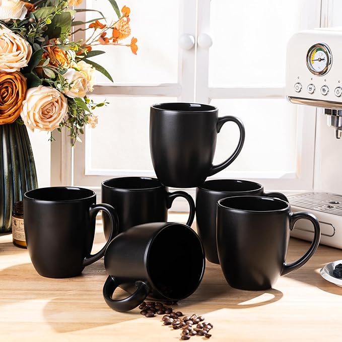 GBhome 12oz Coffee Mugs Set of 6, Large Ceramic Coffee Mugs for Man, Woman, Dad, Mom, Modern Coffee Mugs Set with handle for Tea/Latte/Cappuccino/Milk/Cocoa. Dishwasher&Microwave Safe,Matte Black