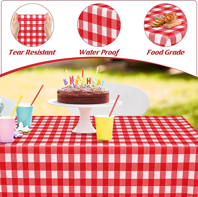 4Pack Plastic Table Cloth Ddisposable, 54" x 108" Table Cloth Rectangle Table, Waterproof Red and White Checkered Tablecloth, Outdoor Picnic Table Cover for Birthday Party Gathering Holiday Dinner