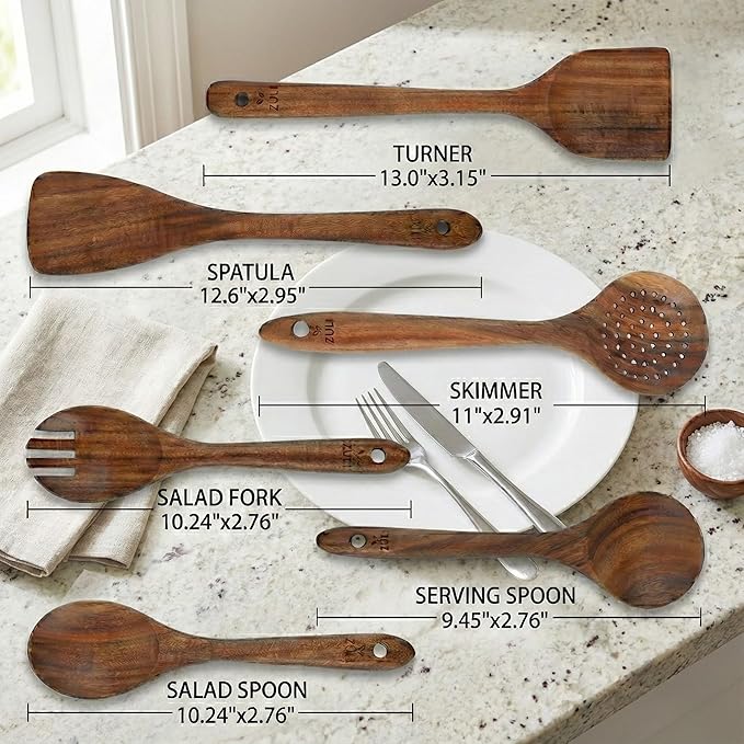 6-Piece Teak Wooden Cooking Utensil Set – Spoons and Spatulas for Nonstick Cookware, Non-Scratch Heat-Resistant Eco-Friendly Kitchen Tools