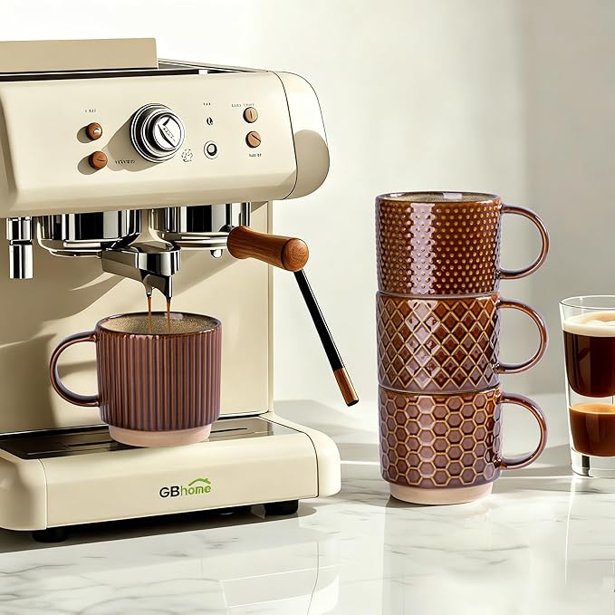 GBhome 15OZ Stackable Coffee Mugs, Ceramic Coffee Cups with Texture Patterns for Man,Woman,Dad,Mom, Modern Mugs Set of 4 for Latte/Cappuccino/Cocoa. Dishwasher&Microwave Safe, Caramel