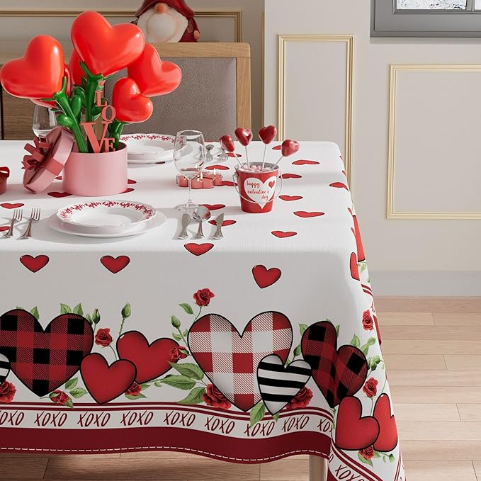 XCHI Plaid Love Hearts Valentine’s Day Tablecloth Rectangle Table Cloth Washable Table Covers for Indoor Outdoor Dining Home Party Decorations 60x104 Inch